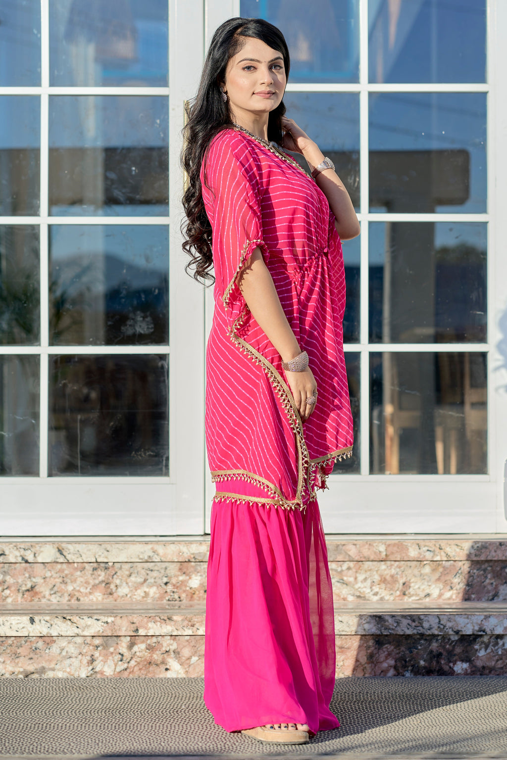 Vedant Vastram Leheriya Print Pure Georgette Sharara Cordset With Kaftan - Pink
