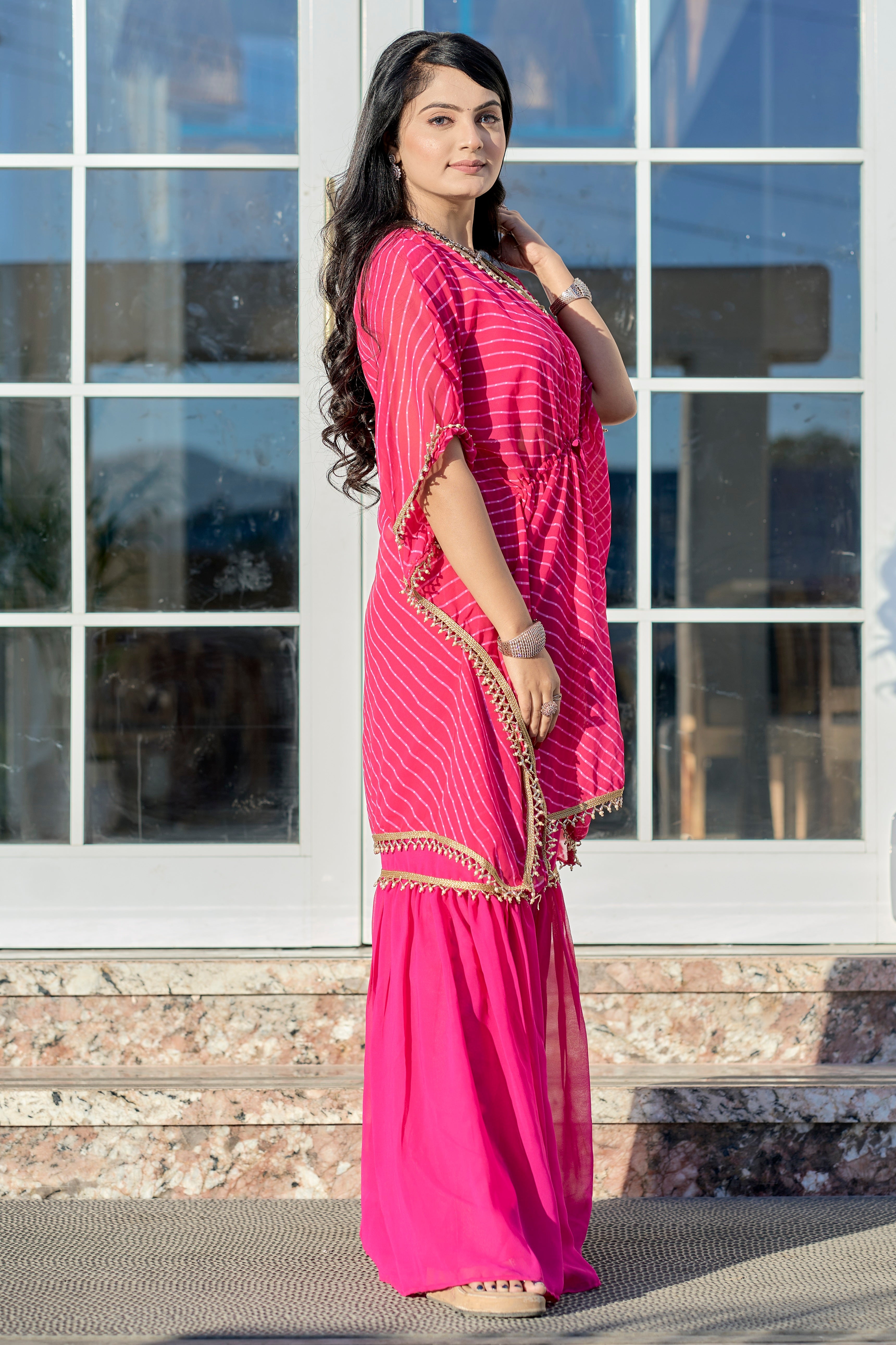 Vedant Vastram Leheriya Print Pure Georgette Sharara Cordset With Kaftan - Pink