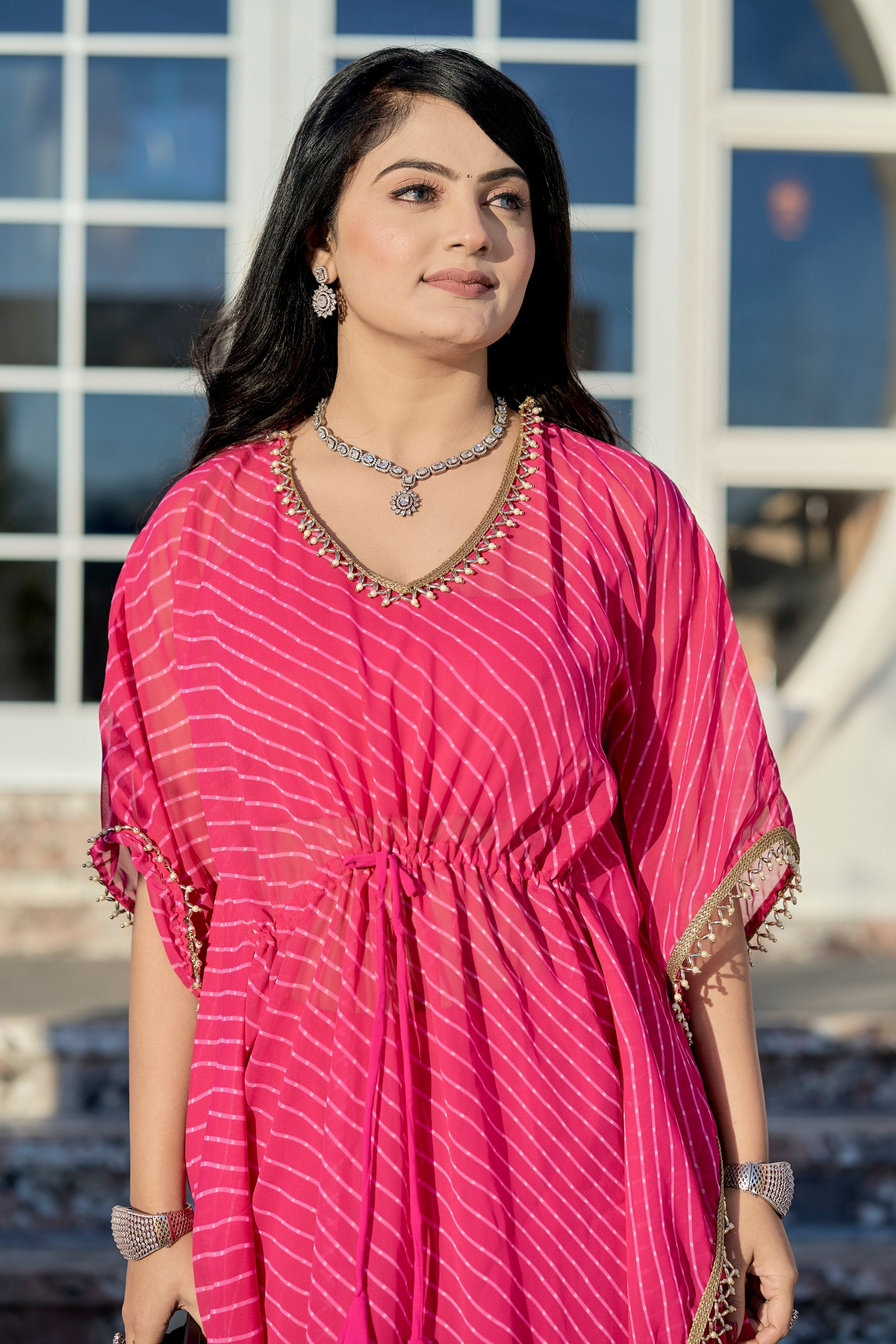Vedant Vastram Leheriya Print Pure Georgette Sharara Cordset With Kaftan - Pink