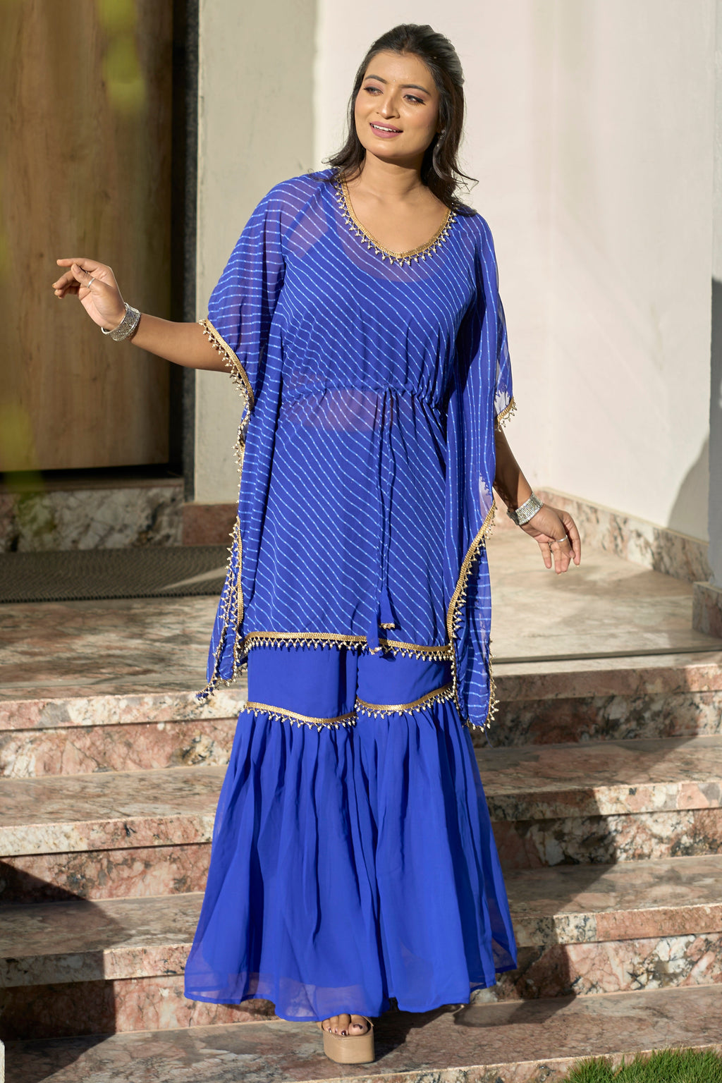 Vedant Vastram Leheriya Print Pure Georgette Sharara Cordset With Kaftan - Royal Blue