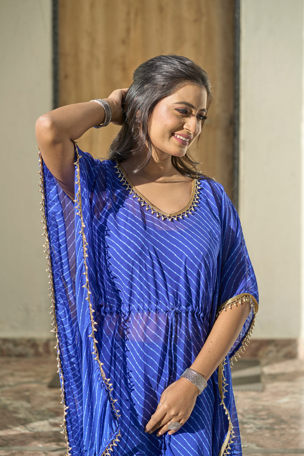 Vedant Vastram Leheriya Print Pure Georgette Sharara Cordset With Kaftan - Royal Blue