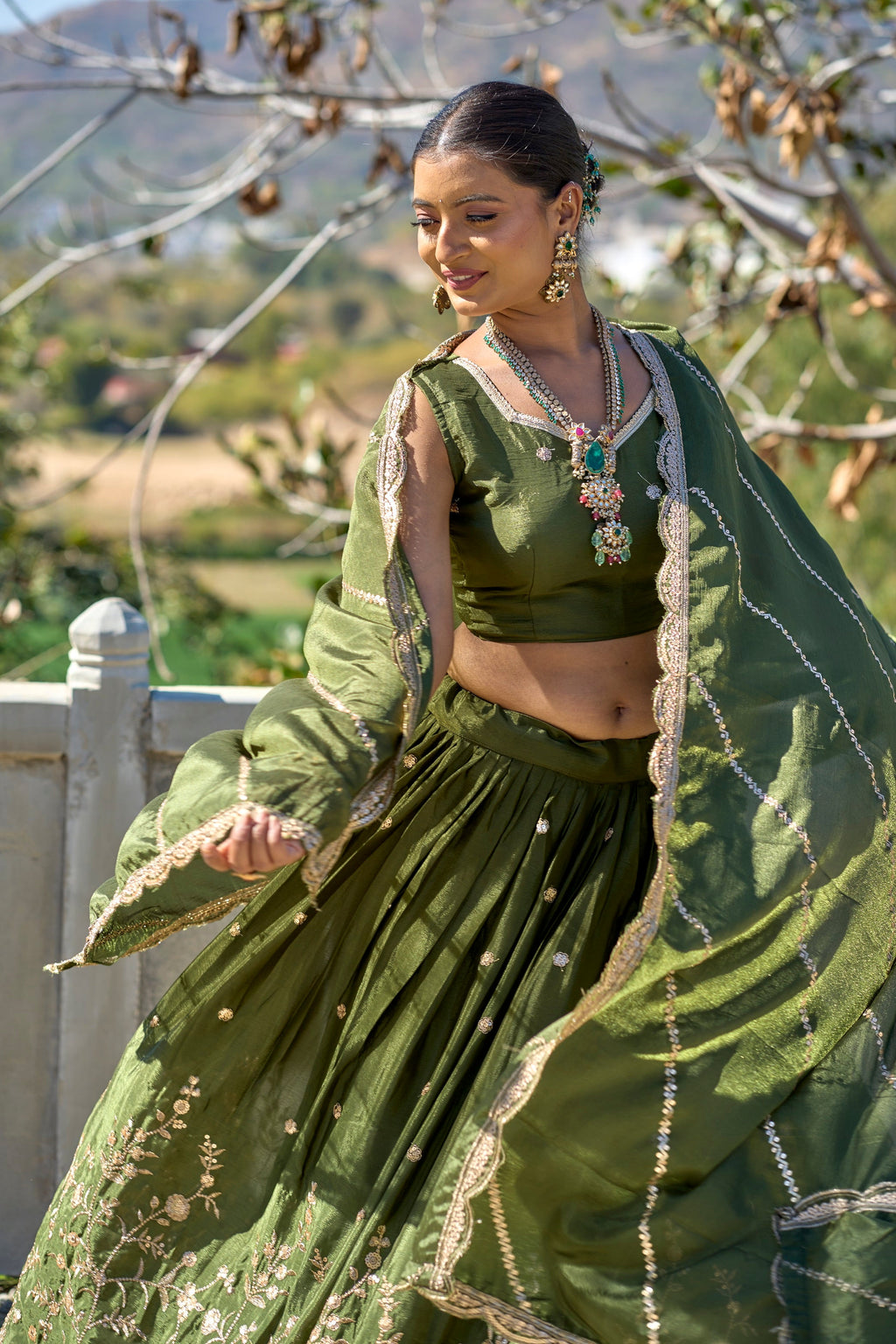 Vedant Vastram Embroidered Heavy Chinon Lehenga Choli With Blouse & Dupatta - Mehendi