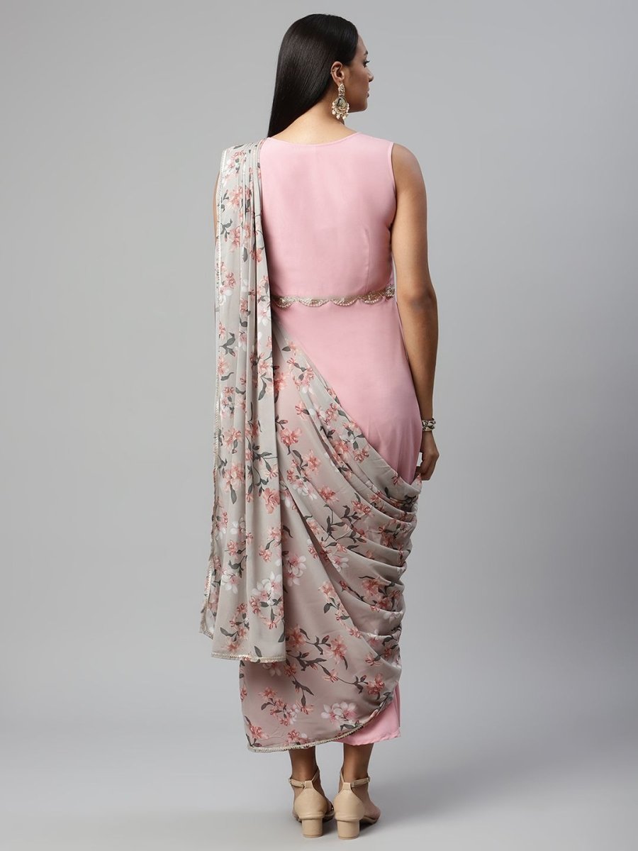 Ahalyaa Women Baby Pink Crepe Georgette Saree Dress With Printed Pallu