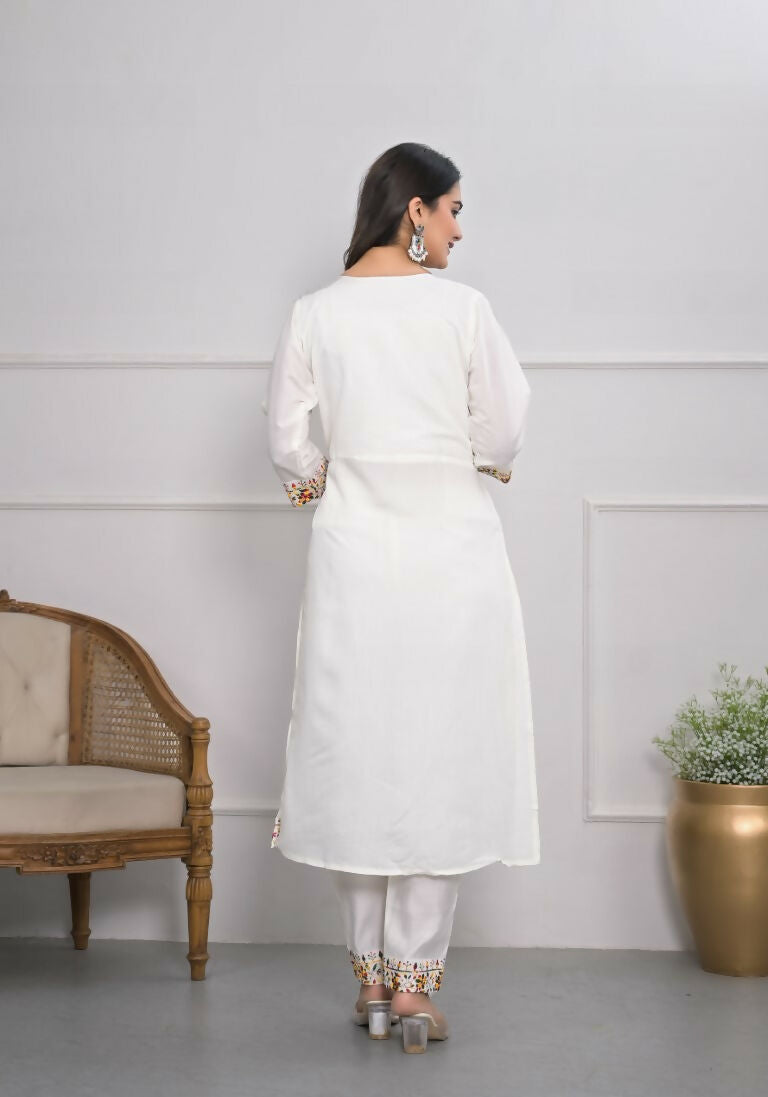 White Viscose Silk Embroidery with Thread and sequence Stitched Suit With Dupatta - Tanisha