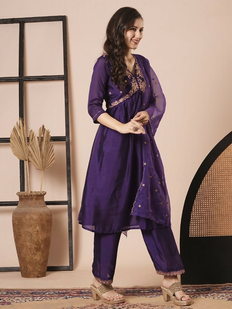 Purple Vichitra Silk Embroidery Work Kurta Set - Riya