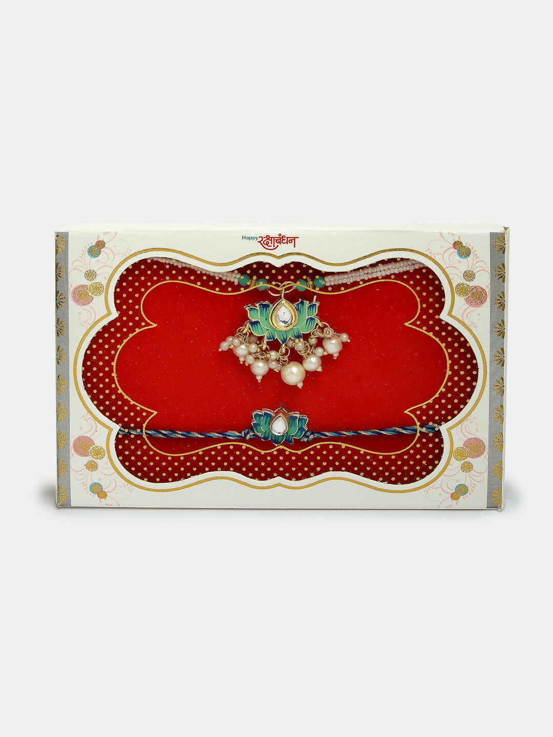 NVR Women & Men Set of 2 Turquoise Blue Lotus Shape Kundan-Studded & Beaded Handcrafted Wraparound Rakhi Set With Roli Chawal