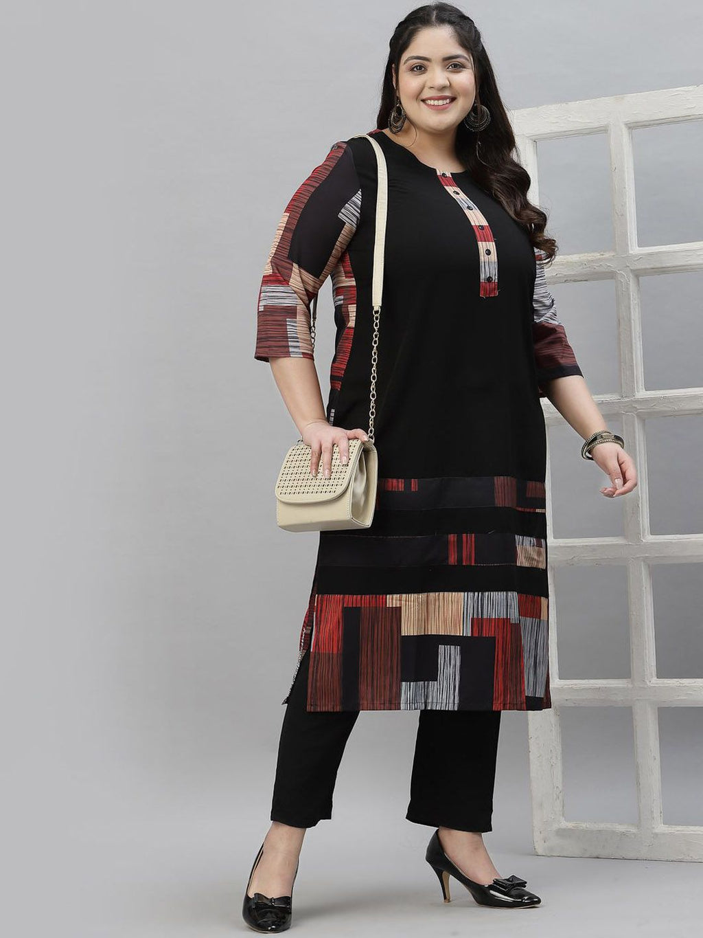 Sztori Plus Size Printed Neck Round Neck Straight Kurta
