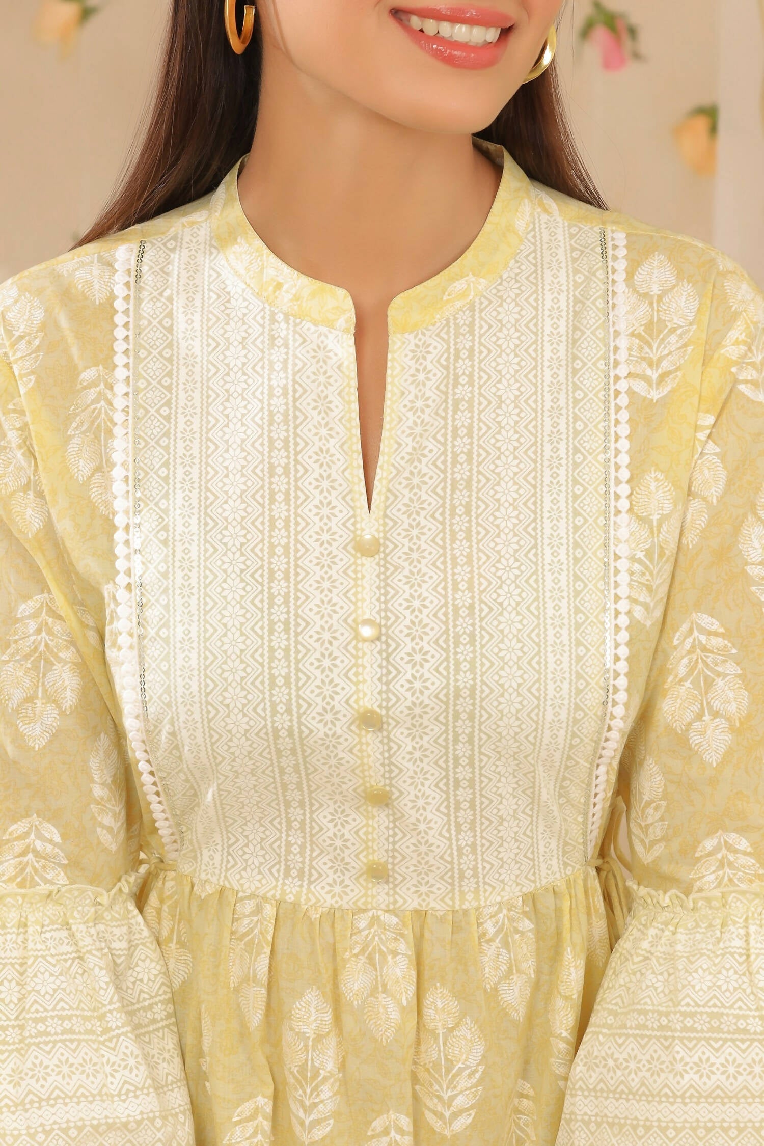 Juniper Womens Limeyellow Cambric Printed Tiered Dress With Flared Sleeve
