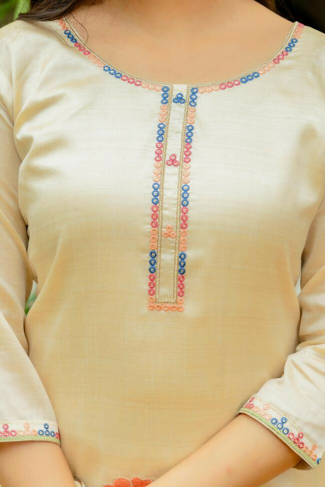 The52 Chiku Women's Beautiful Thread Work Viscose Assam Silk Fabric with Straight Kurta, Pant and Dupatta Set