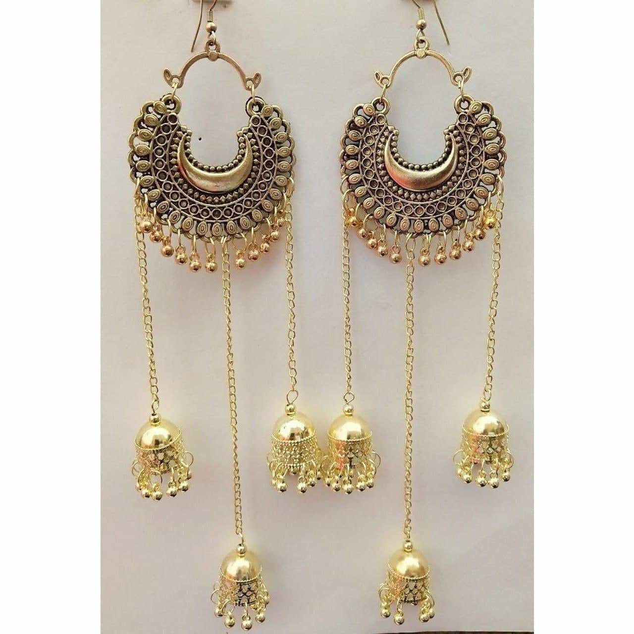 MS Fashion India Afghani Gold-Polished Hanging Triple Jhumka Earrings
