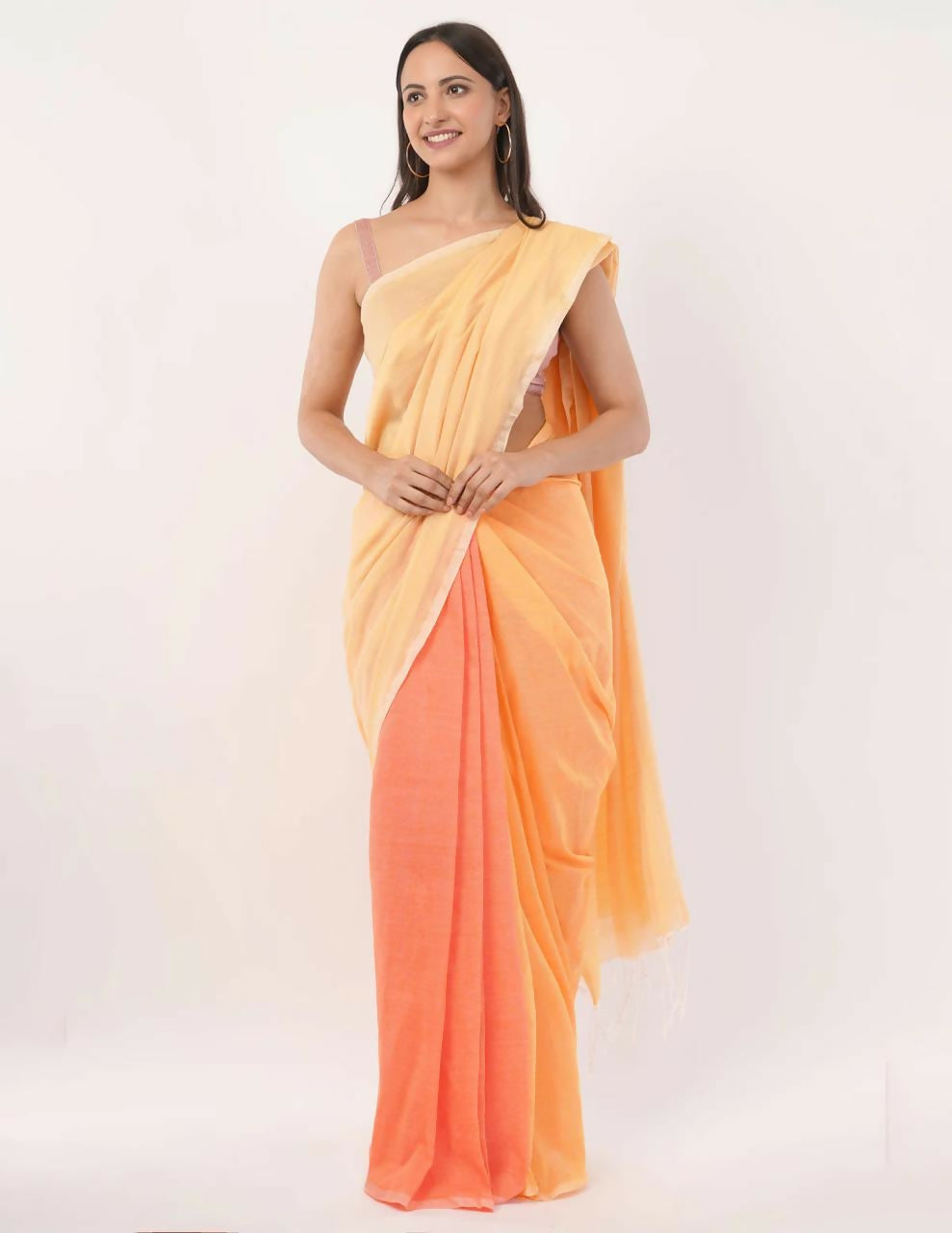 Exclusive Collection Beautiful Khadi Cotton Cream Light Orange Light Yellow Handloom Saree