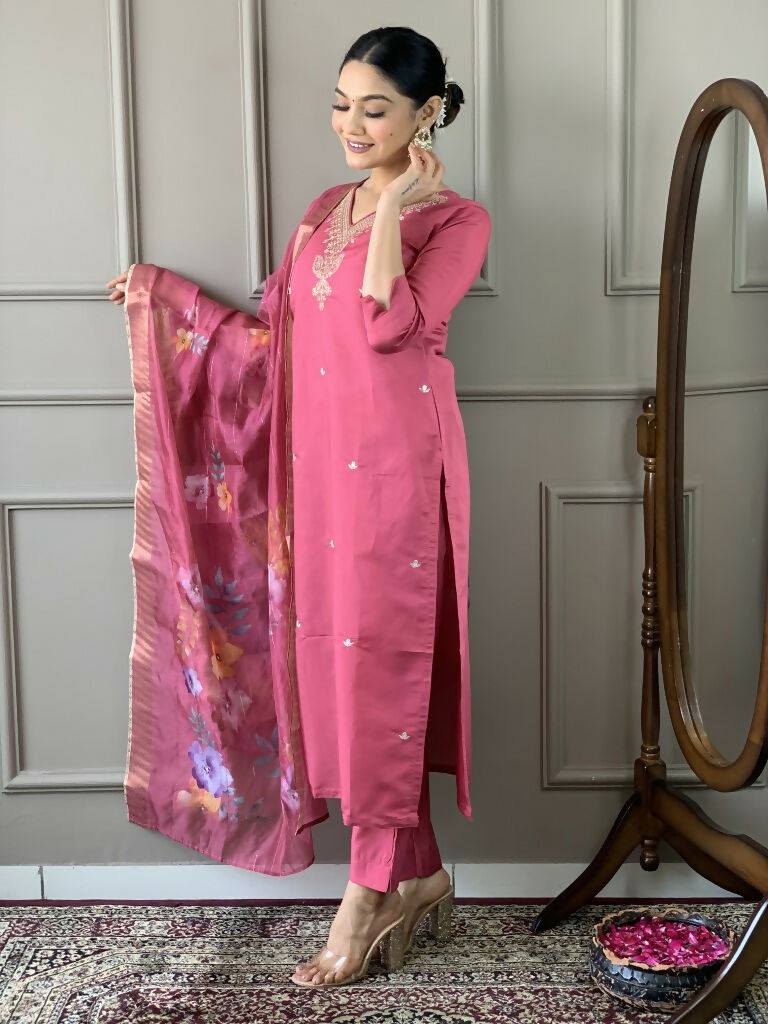Light Pink Viscose chanderi Stitched Suit With Dupatta - Tanisha