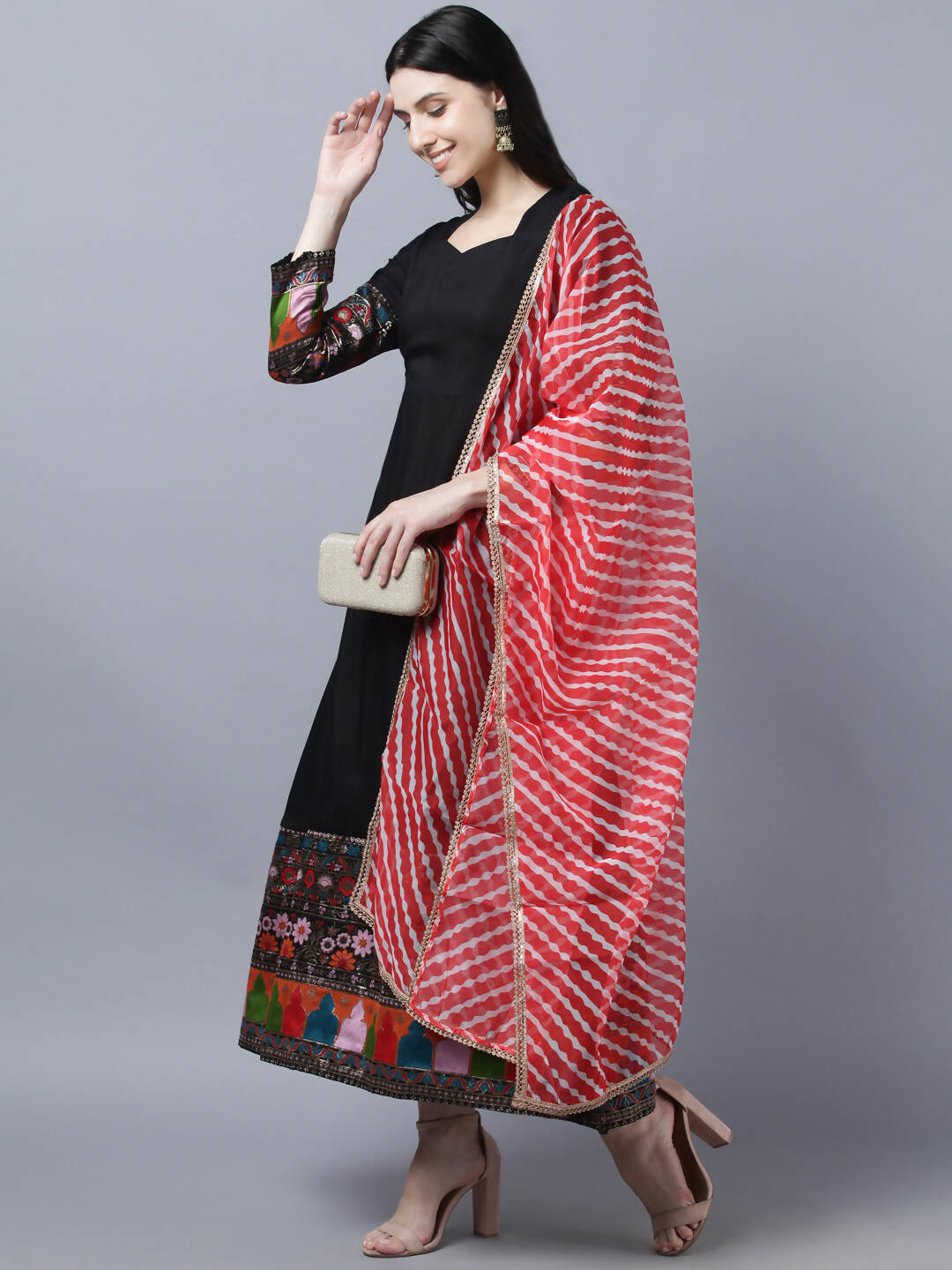 Myshka Women Black Embroidered Detail Anarkali Kurta With Dupatta