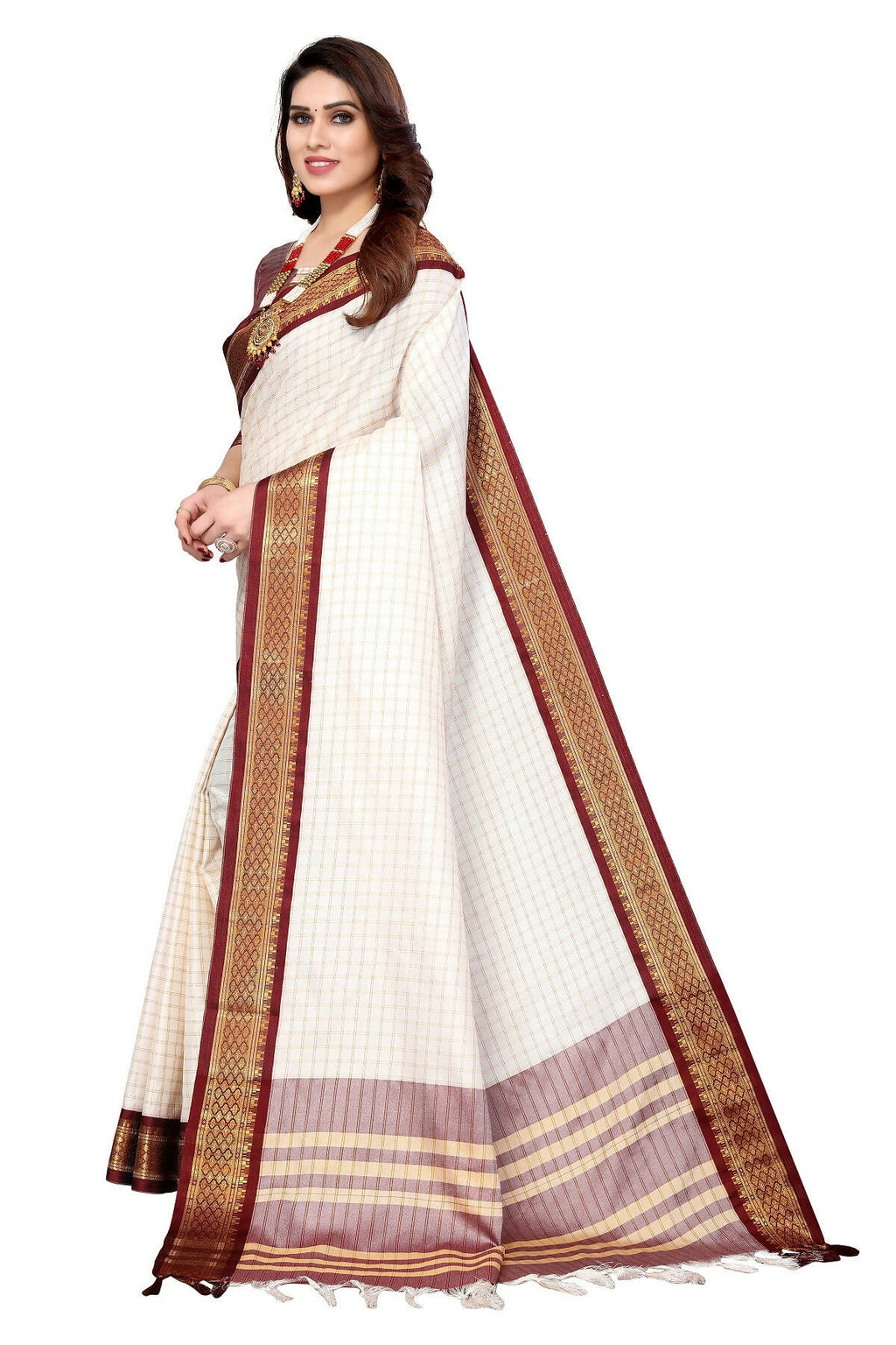 Vamika Weaving White Cotton Silk Saree (DEVAL MAROON)