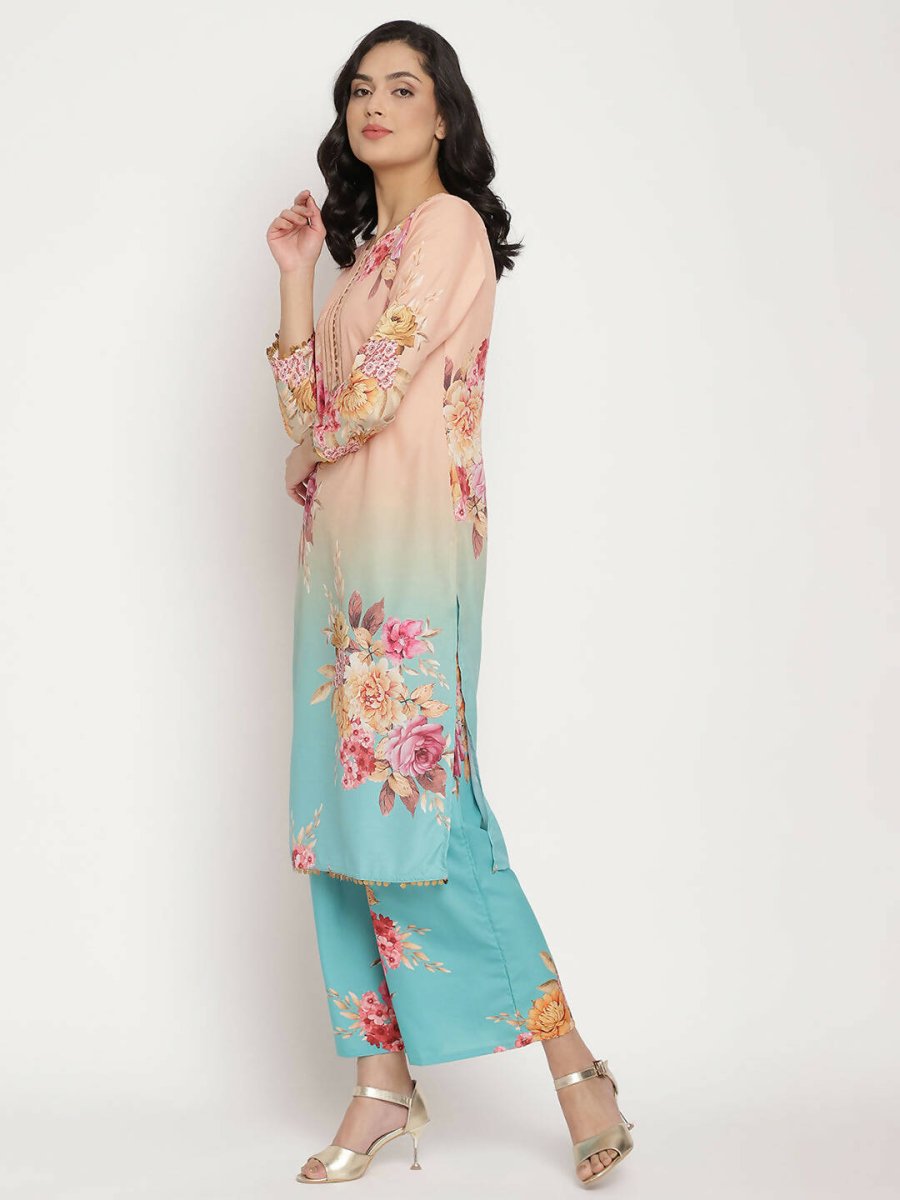 Ahalyaa Women Peach-Coloured Floral Printed Kurta Palazzo Set With Dupatta