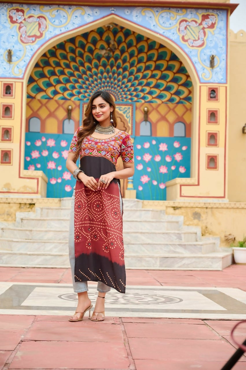 Vastranavya Maroon Navratri Special Kutchi Gamthi Work with Printed Kurti