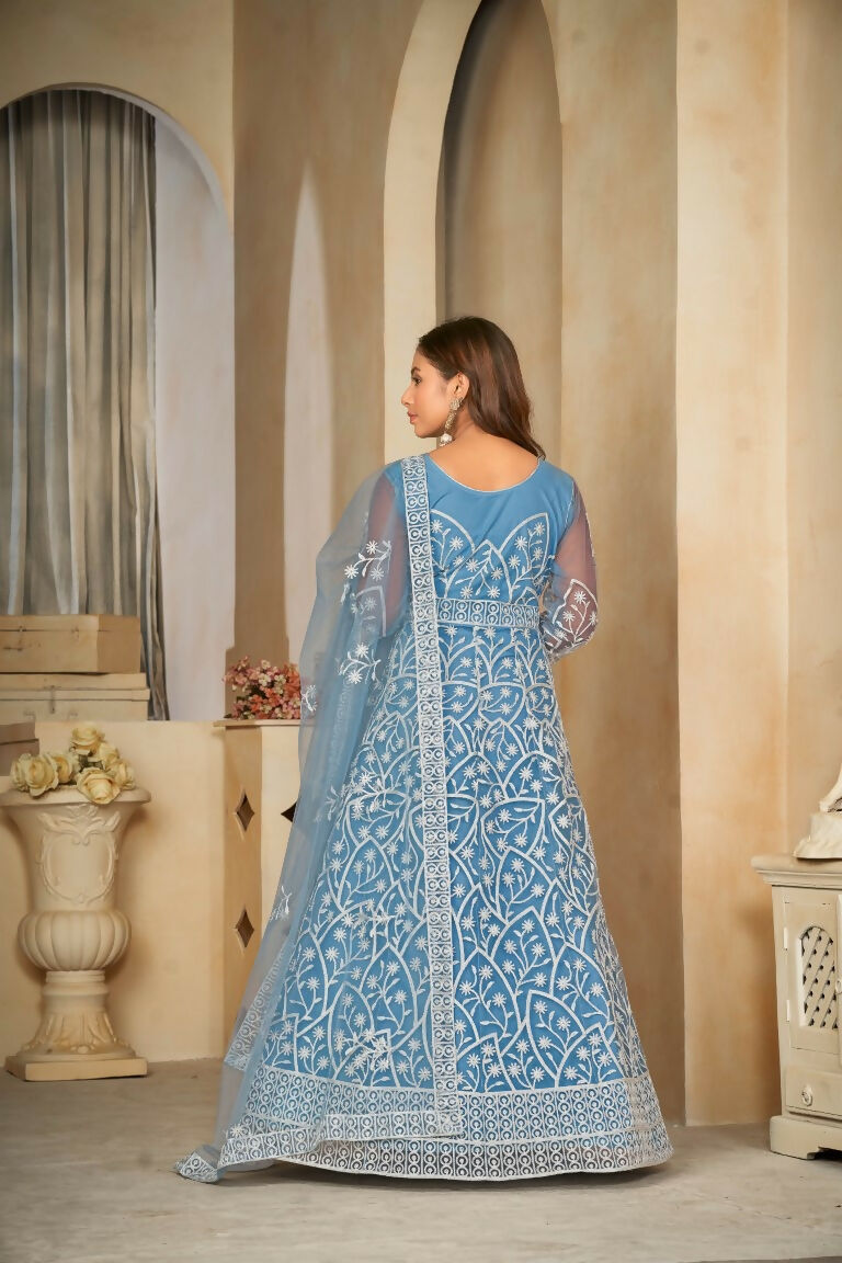 Jyoti Fashion Women's Sky Blue Net Embroidered Anarkali Kurta Pant Set With Dupatta