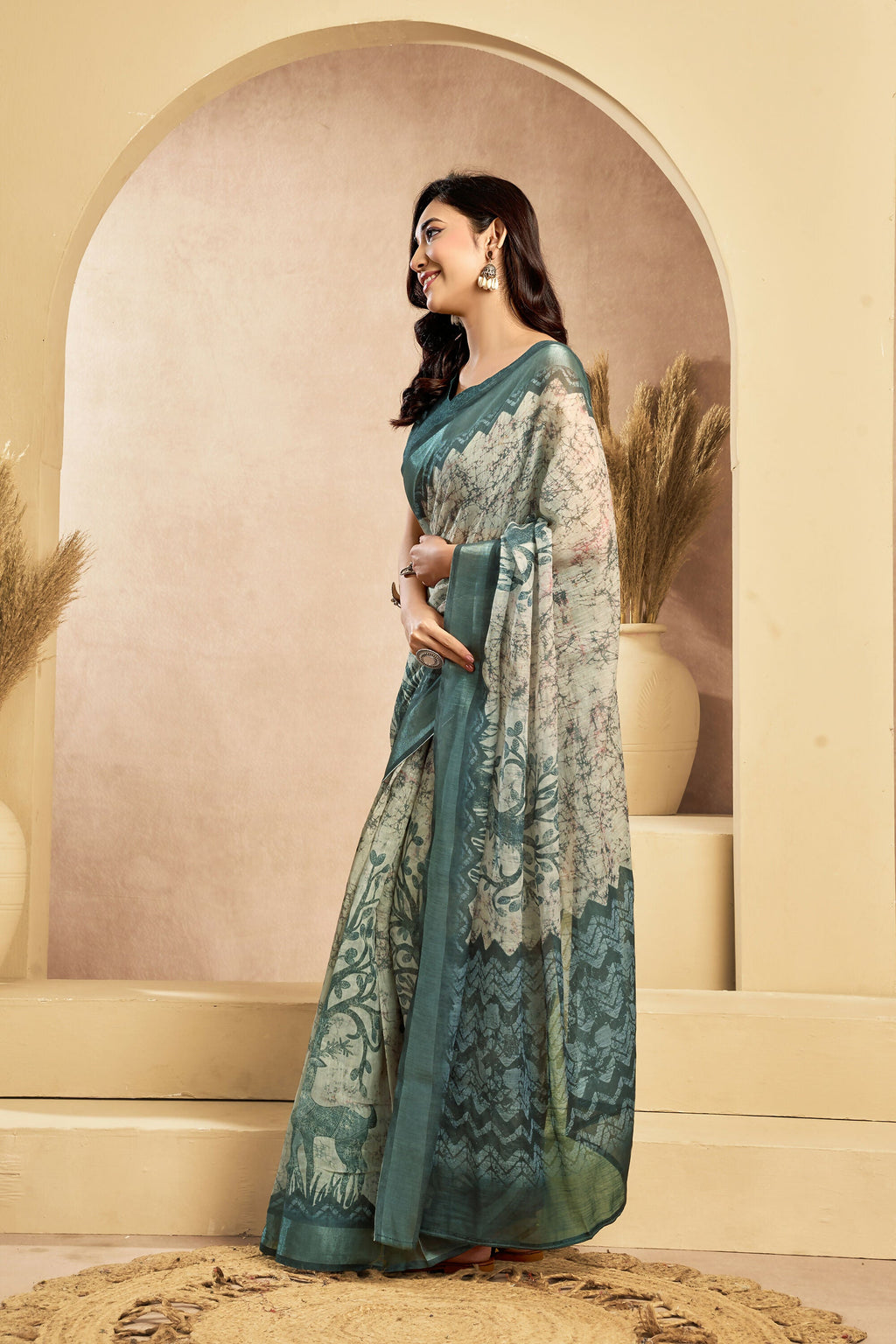 Vastranavya Digital Printed Linen Ready To Wear Designer Saree with Unstitched Blouse