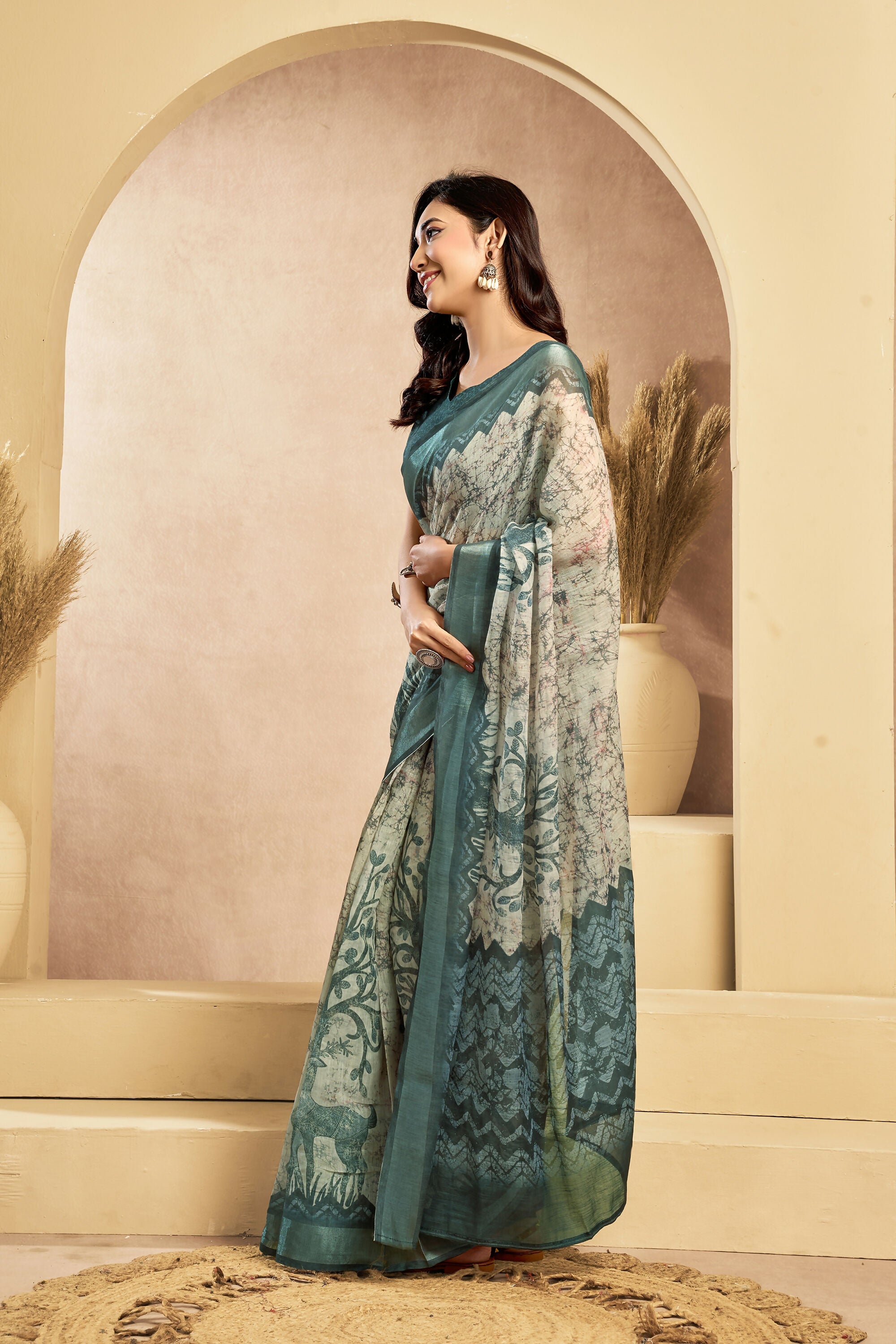Vastranavya Digital Printed Linen Ready To Wear Designer Saree with Unstitched Blouse