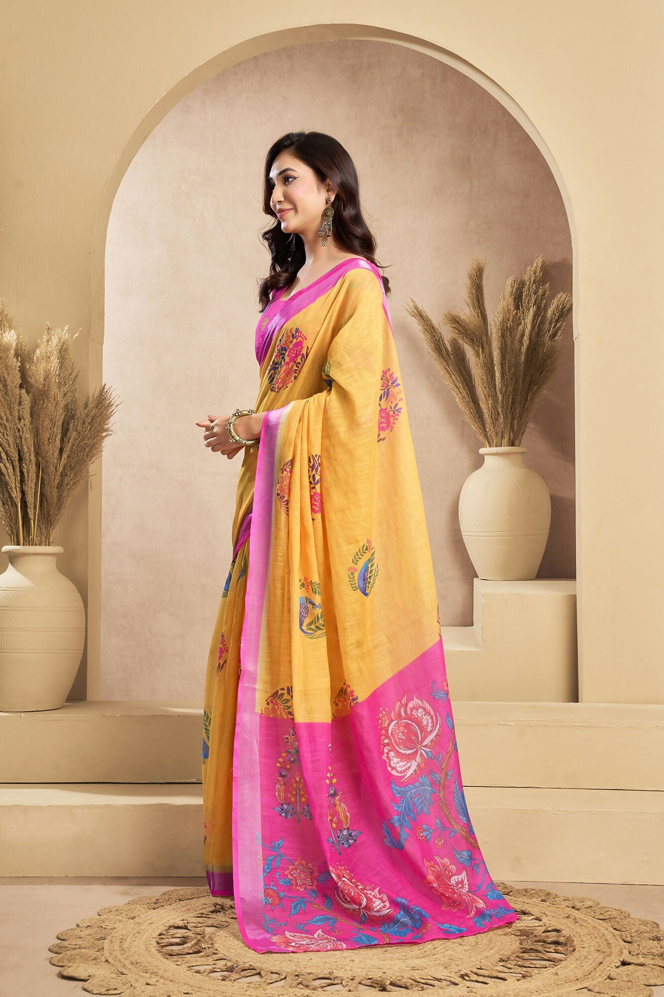 Vastranavya Mustard Digital Printed Linen Ready To Wear Designer Saree with Unstitched Blouse