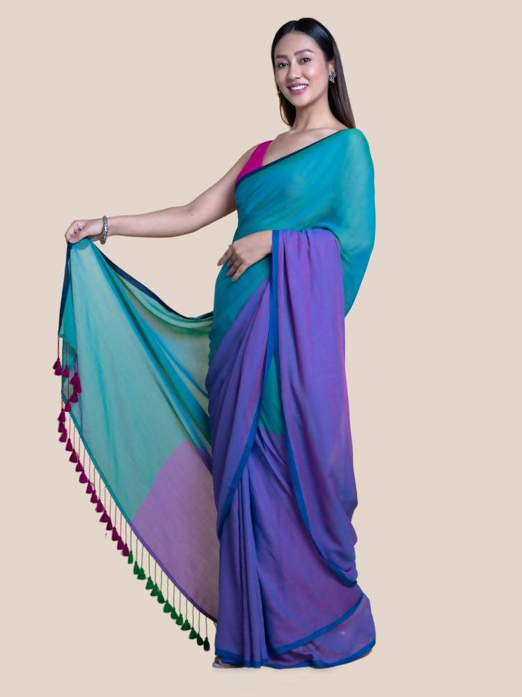 Suta Purple Green Colourblocked Mul Saree
