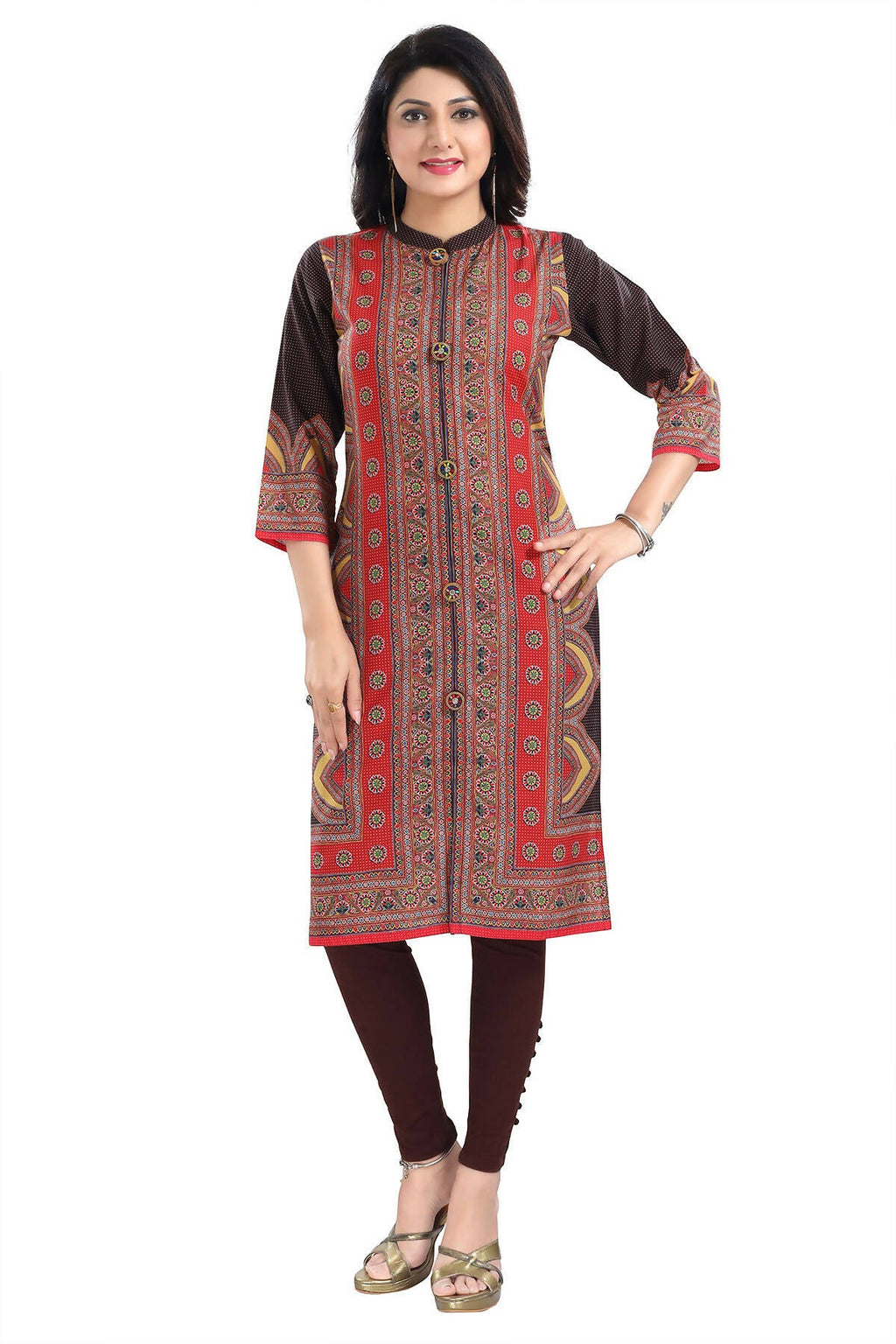 Snehal Creations Bombastic Brown Designer Digital Print Cotton Slub Fabric Long Kurti Tunic
