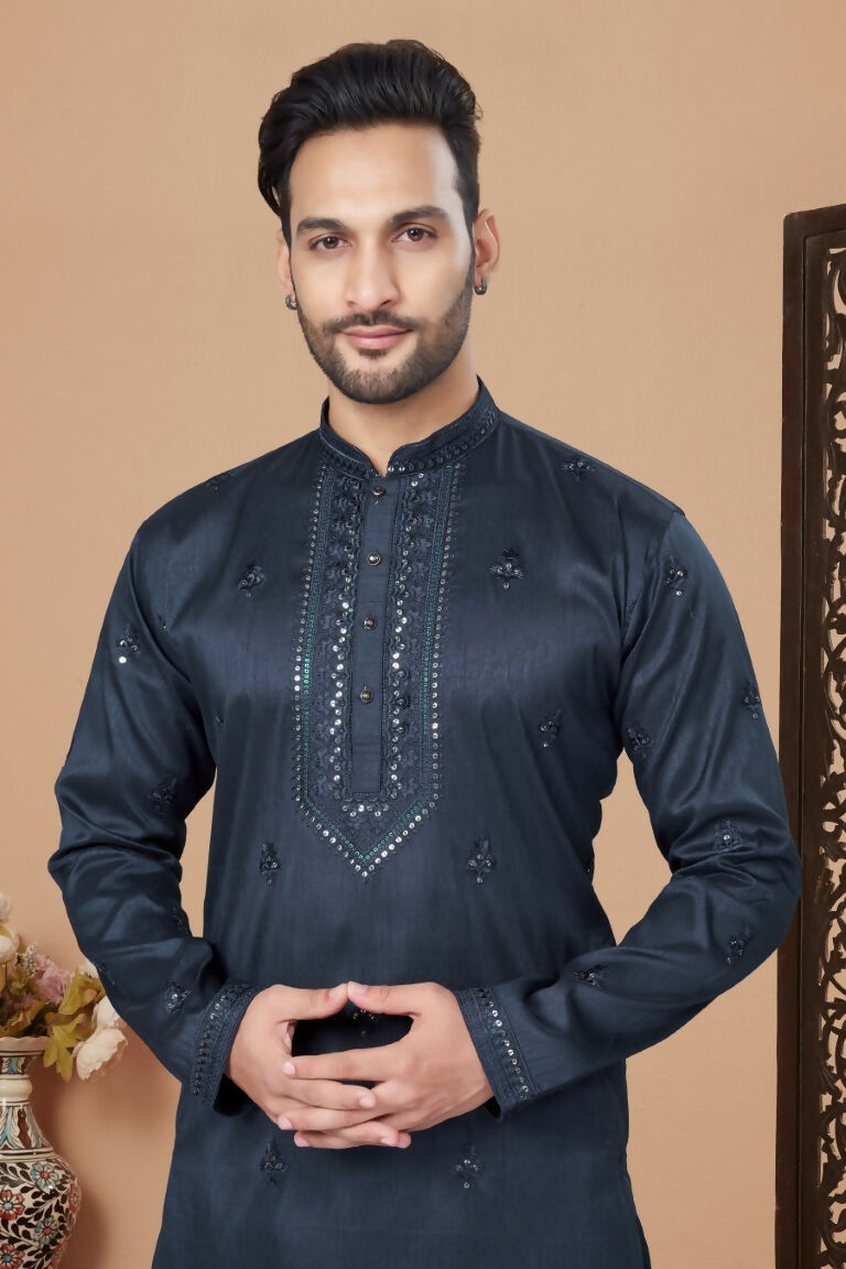 Functional Designer Men's Blue Heavy Super Silk Kurta With Pant - Rudra