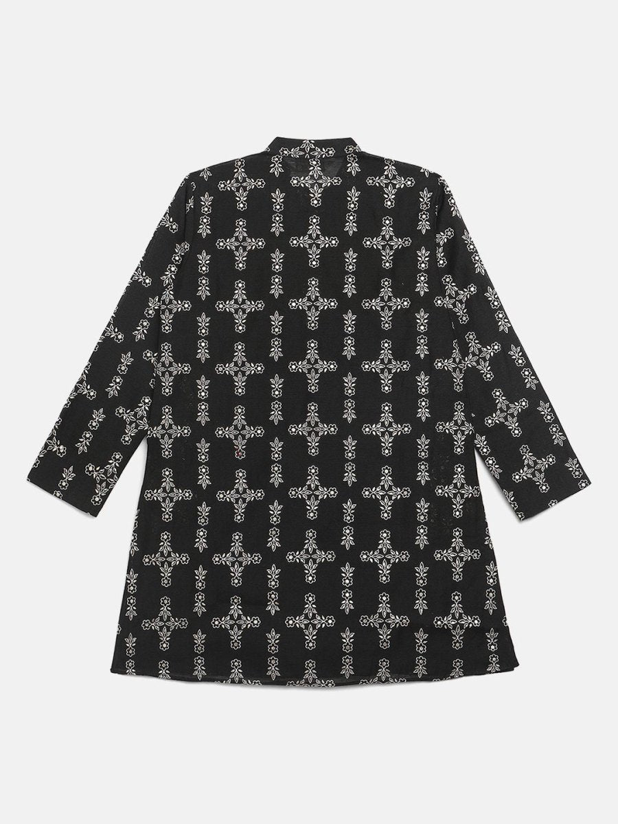 Ahalyaa Boys Black Chanderi Gold Printed Kids Kurta Churidar Set
