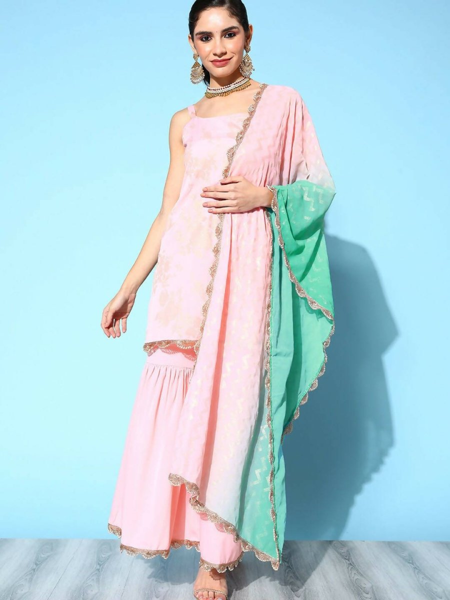 Ahalyaa Women's Baby Pink Crepe Gold Smoke Printed Kurta Sharara Set With Dupatta