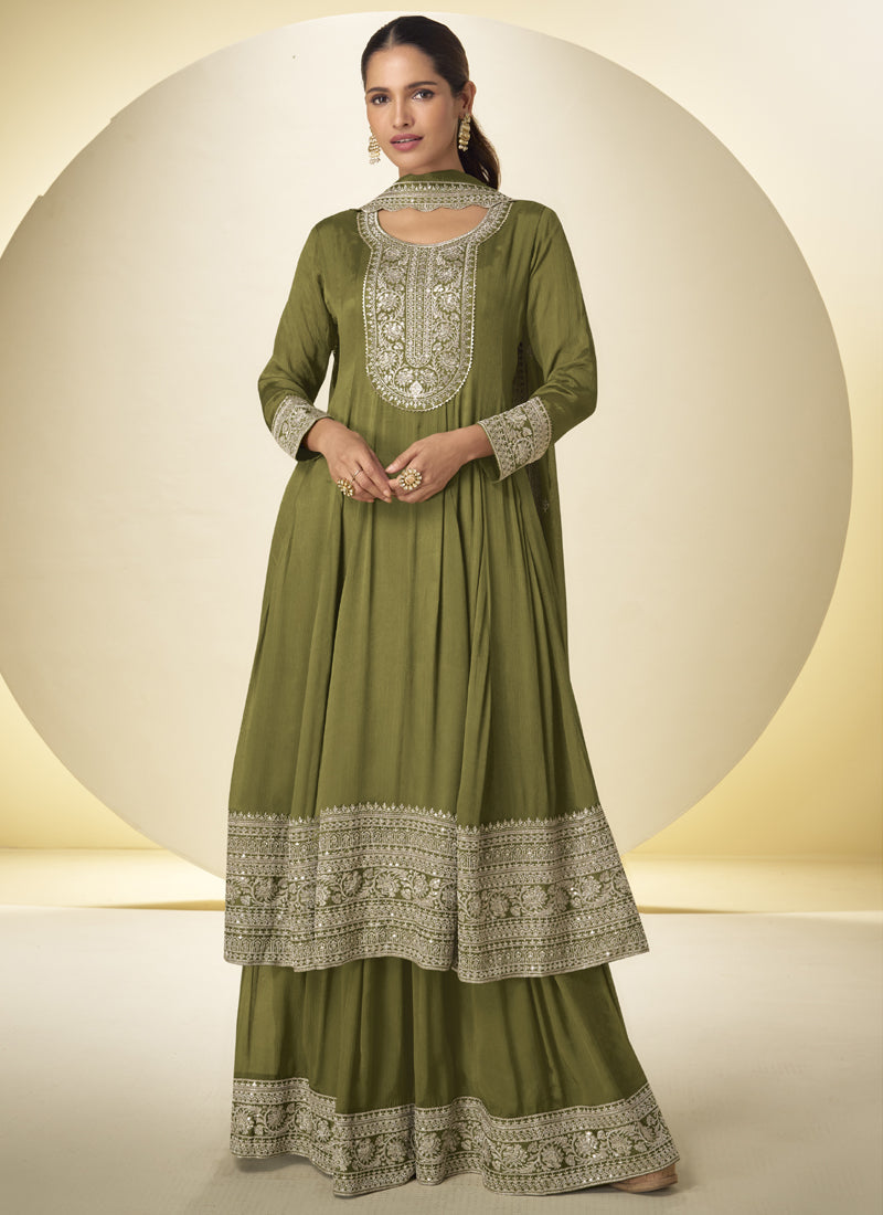 Vegaa Fashion Mehendi Chinon Silk Embroidered Designer Salwar Palazzo Suit