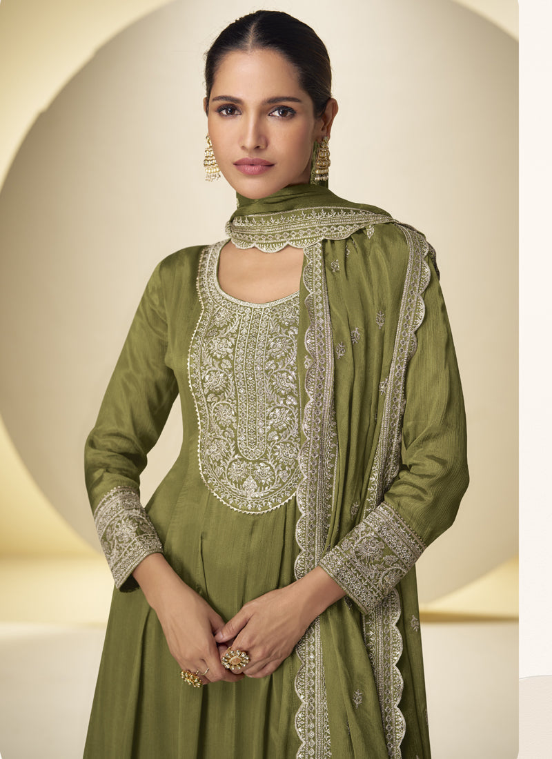 Vegaa Fashion Mehendi Chinon Silk Embroidered Designer Salwar Palazzo Suit