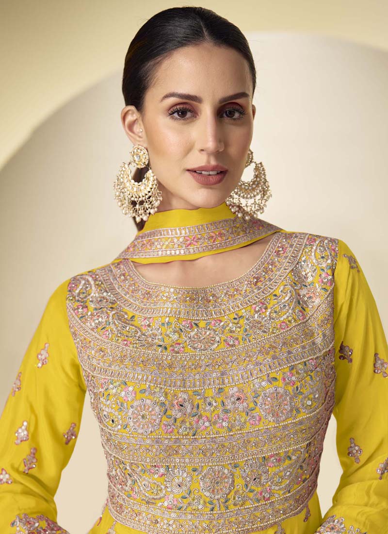 Vegaa Fashion Yellow Chinon Silk Embroidered Designer Anarkali Suit