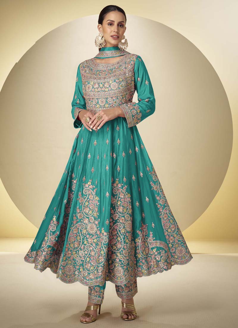 Vegaa Fashion Turquoise Chinon Silk Embroidered Designer Anarkali Suit