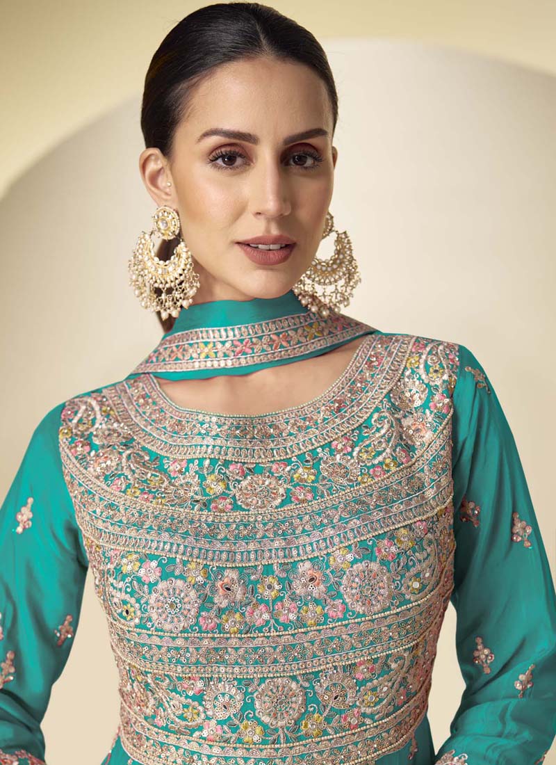 Vegaa Fashion Turquoise Chinon Silk Embroidered Designer Anarkali Suit