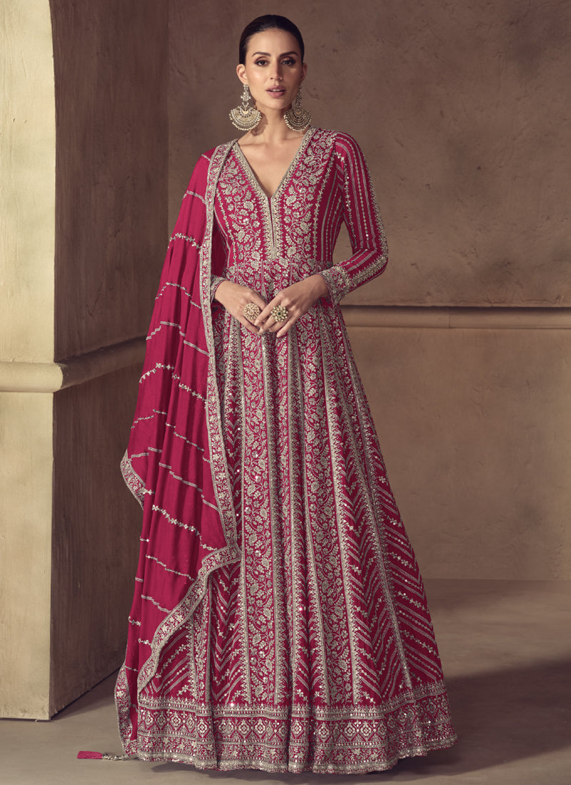 Vegaa Fashion Rani Pink Chinon Silk Embroidered Designer Anarkali Suit