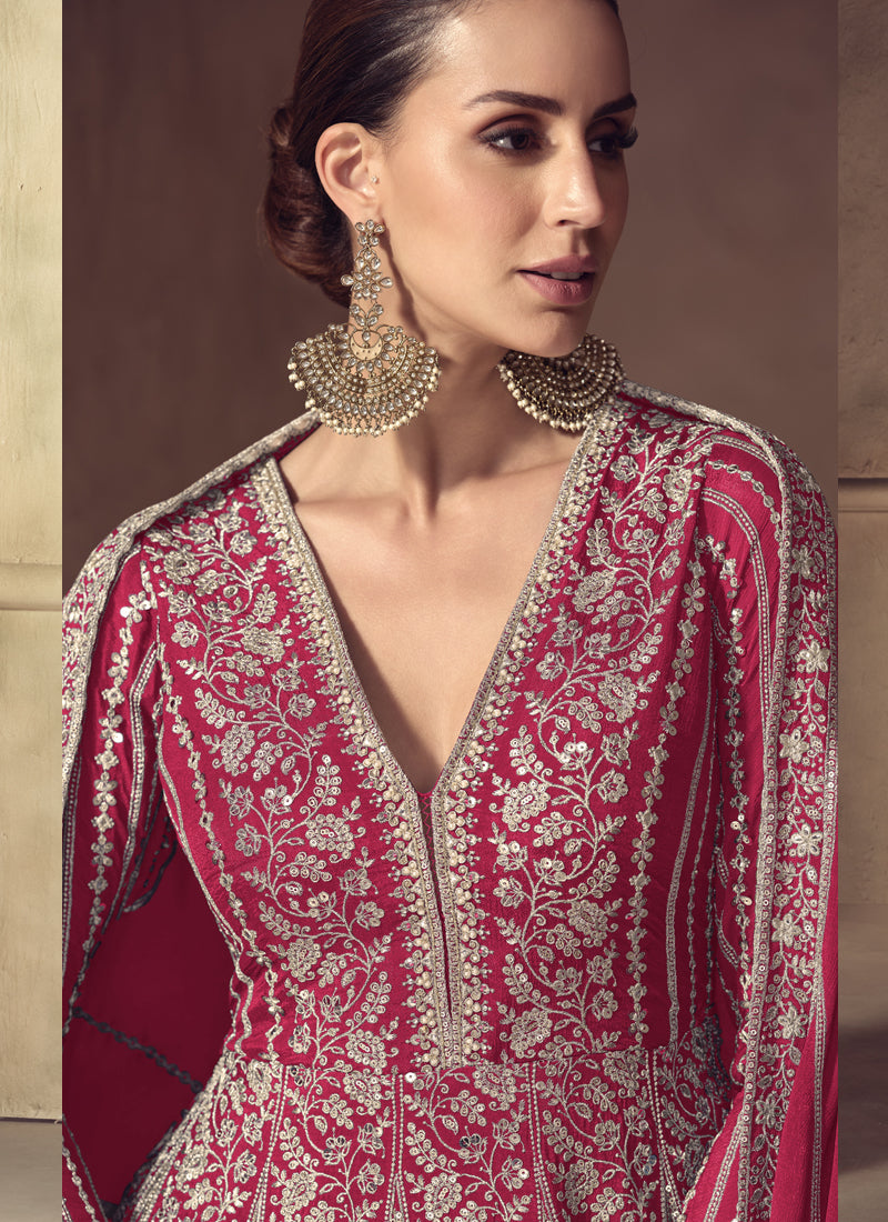 Vegaa Fashion Rani Pink Chinon Silk Embroidered Designer Anarkali Suit