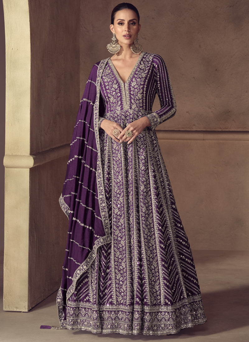 Vegaa Fashion Purple Chinon Silk Embroidered Designer Anarkali Suit