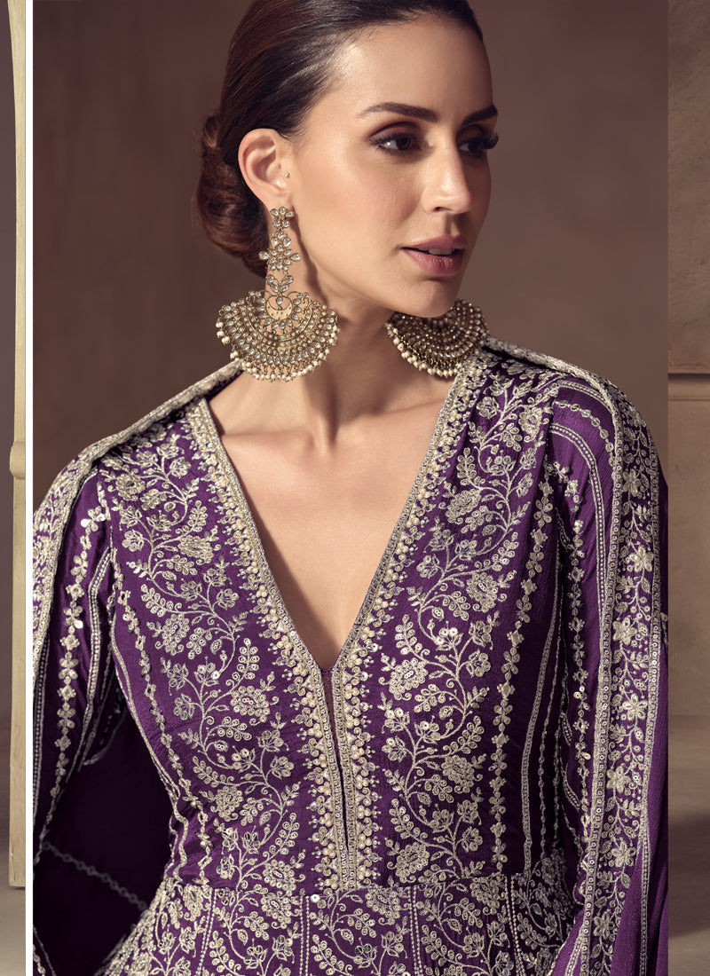 Vegaa Fashion Purple Chinon Silk Embroidered Designer Anarkali Suit