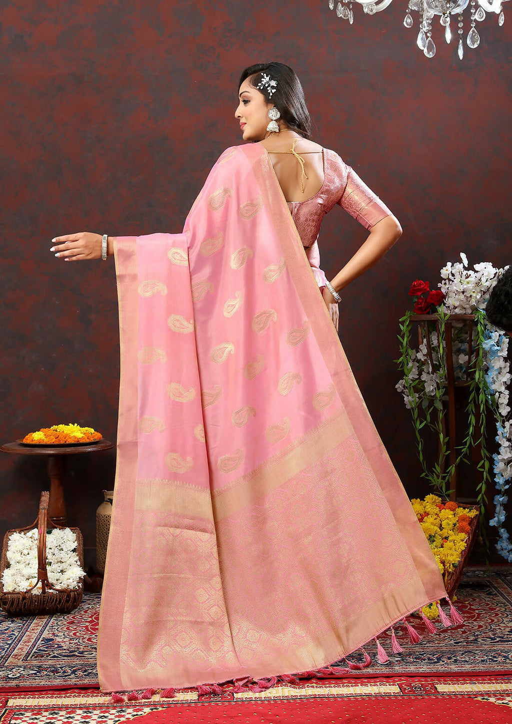 Lorenvalley Fashion Pink Cotton Woven Design with Zari Weaving Design Saree