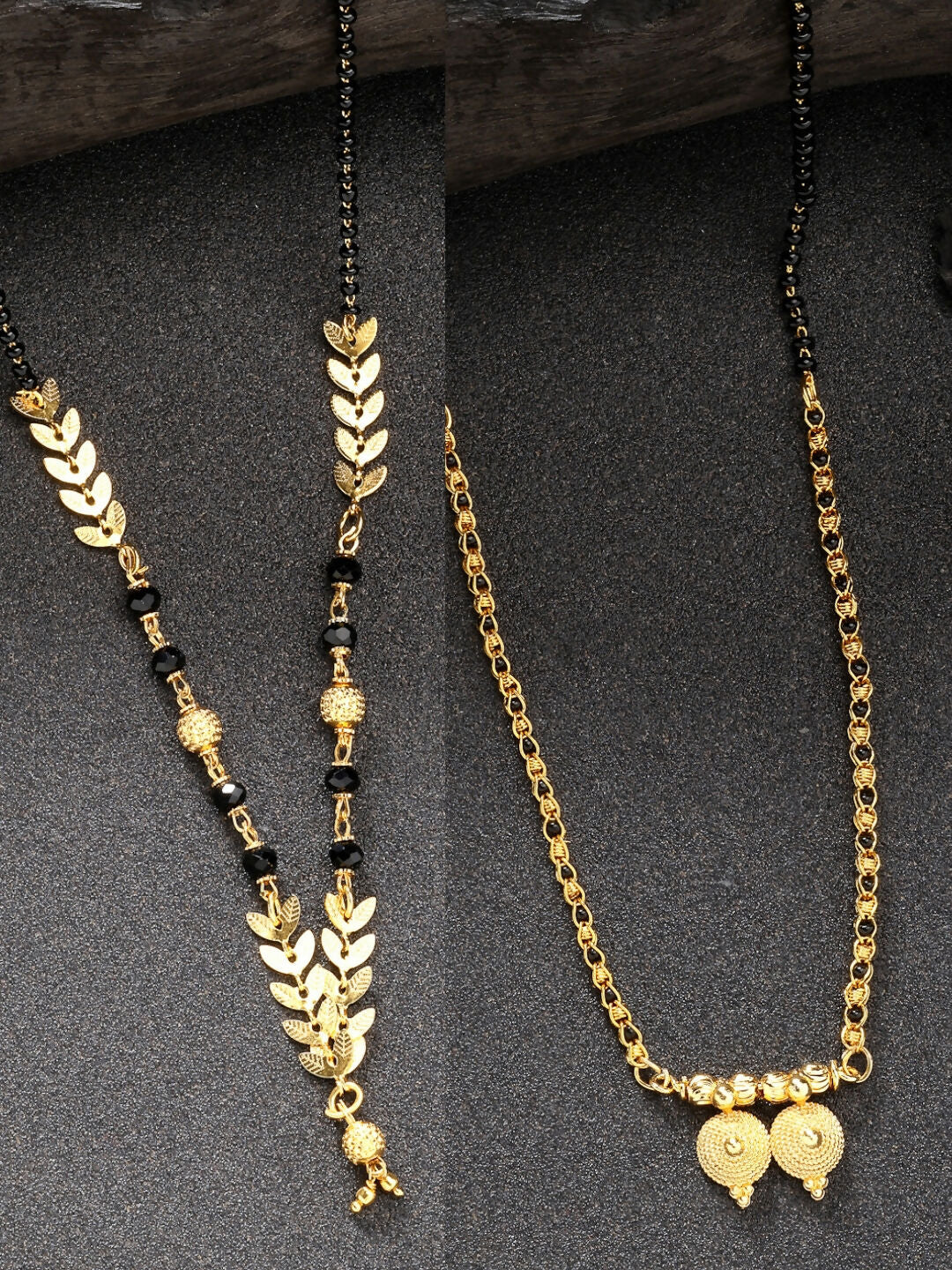 NVR Women's Set of 2 Gold-Polished Black Beaded Mangalsutra