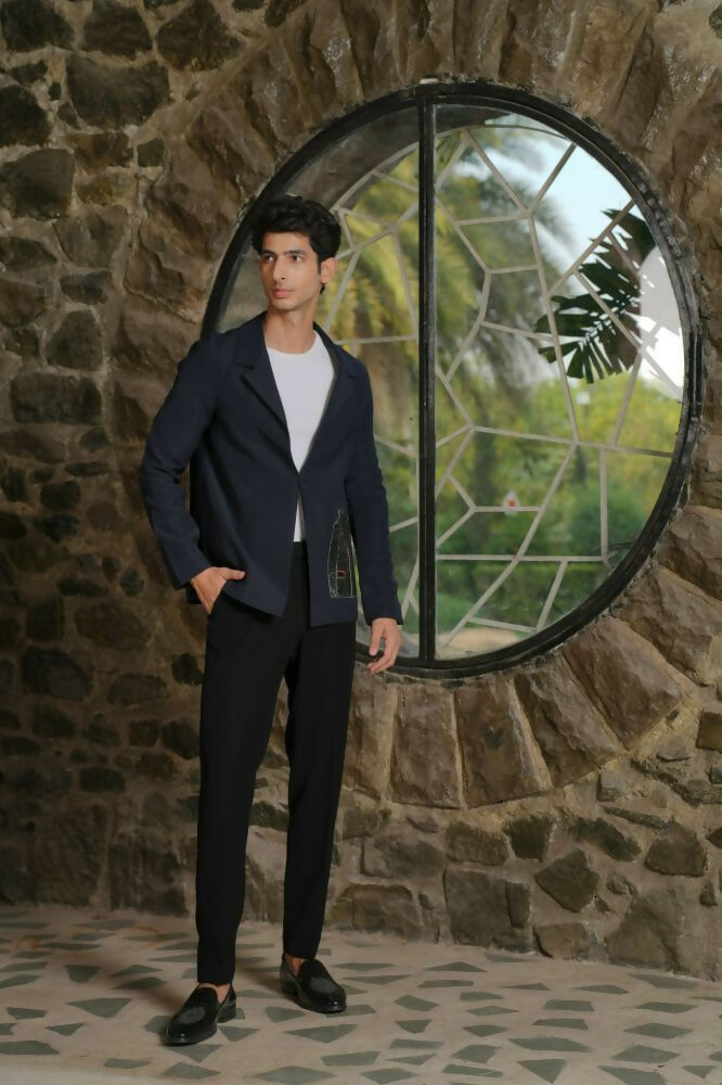 Noir Canvas Blazer – Black 4-Way Stretch Graphic Detail Suit For Men | Wedding & Party Wear by Hilo Design