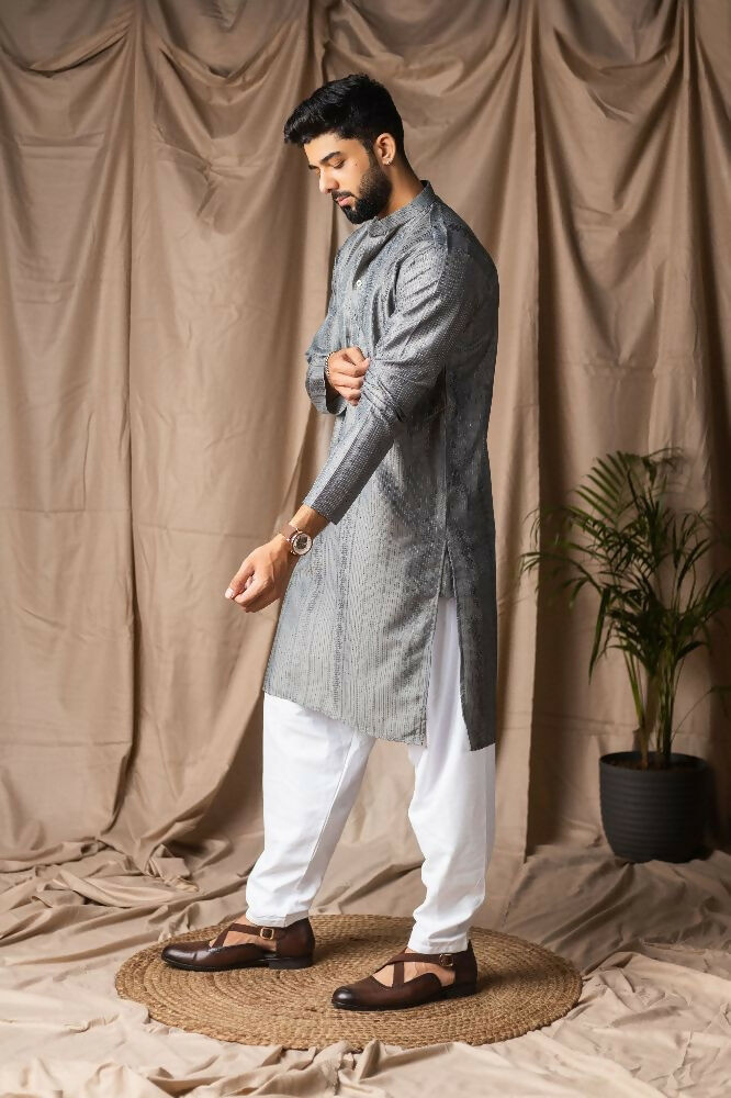 Grey Rayon Thread Embroidery Work Kurta Set - Mahotsav