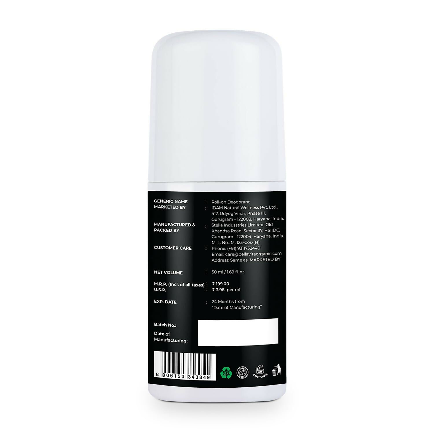 Bella Vita Intense Natural Underarm Roll On Deodorant for Men