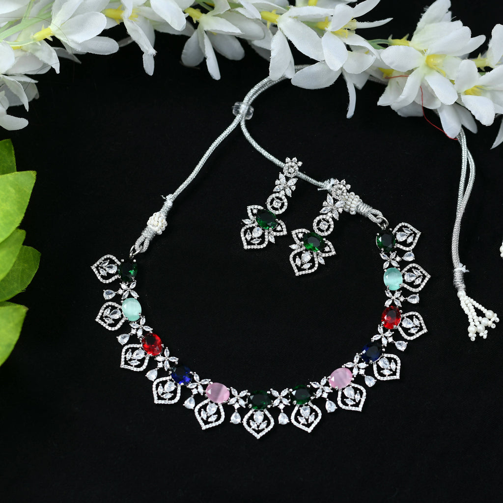 Mominos Fashion Johar Kamal Silver-Plated American Diamond Multi Colour Choker Set