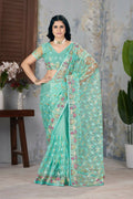 Vastranavya Soft Crush Georgette With Embroidery and Foil Multi Thread Work Saree - Turquoise