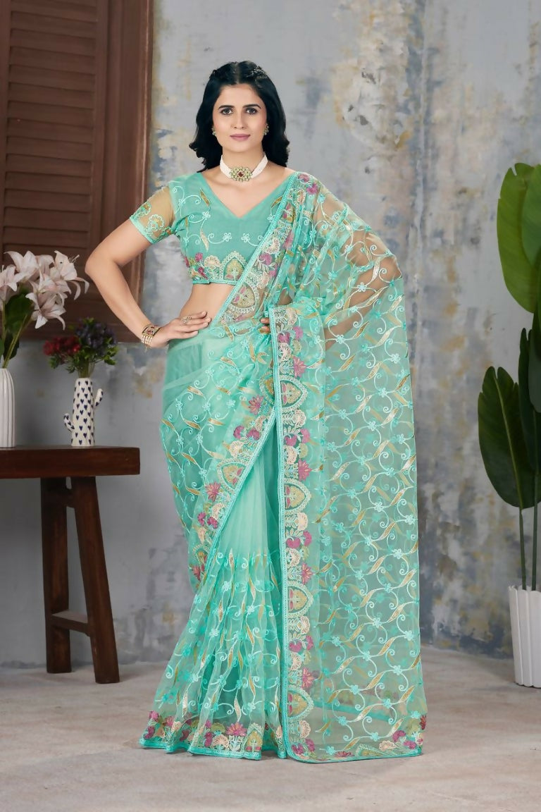 Vastranavya Soft Crush Georgette With Embroidery and Foil Multi Thread Work Saree - Turquoise