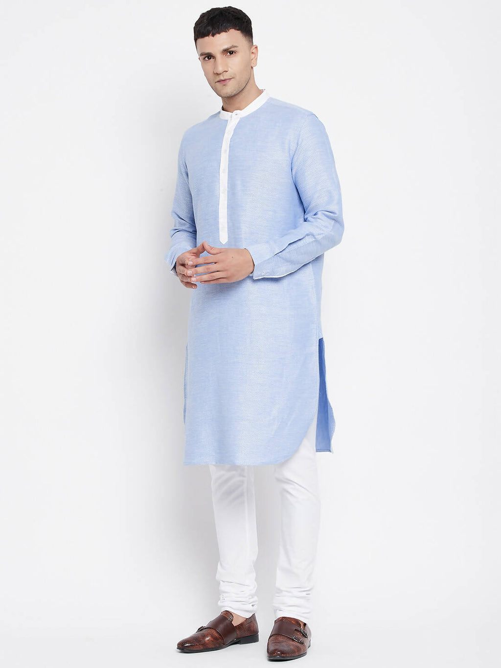 Even Apparels Blue Color Pure Cotton Men's Kurta With Contrast Collar And Placket