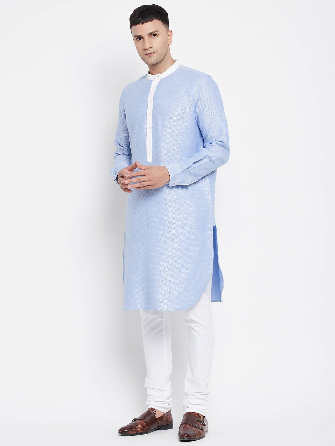 Even Apparels Blue Color Pure Cotton Men's Kurta With Contrast Collar And Placket