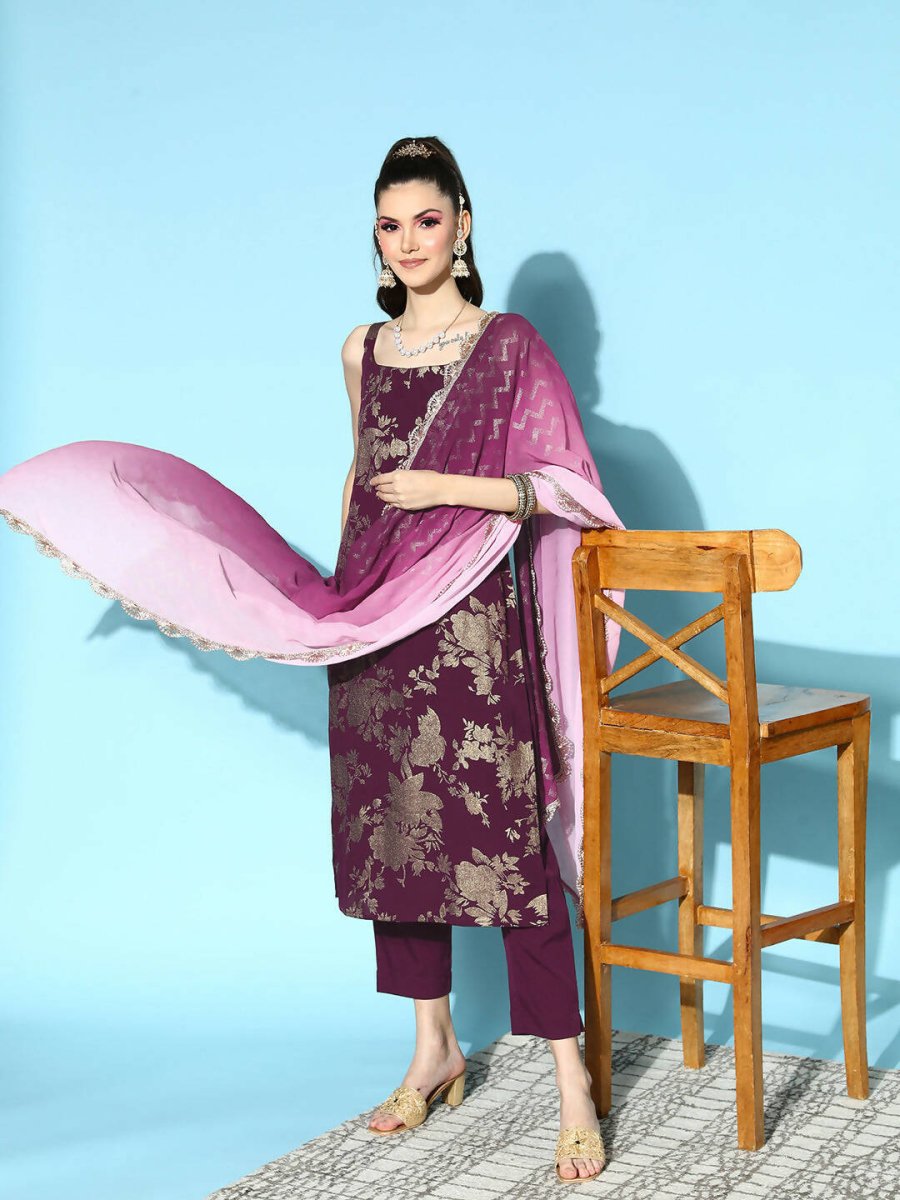 Ahalyaa Women's Wine Crepe Gold Smoke Printed Kurta Pant Set With Dupatta