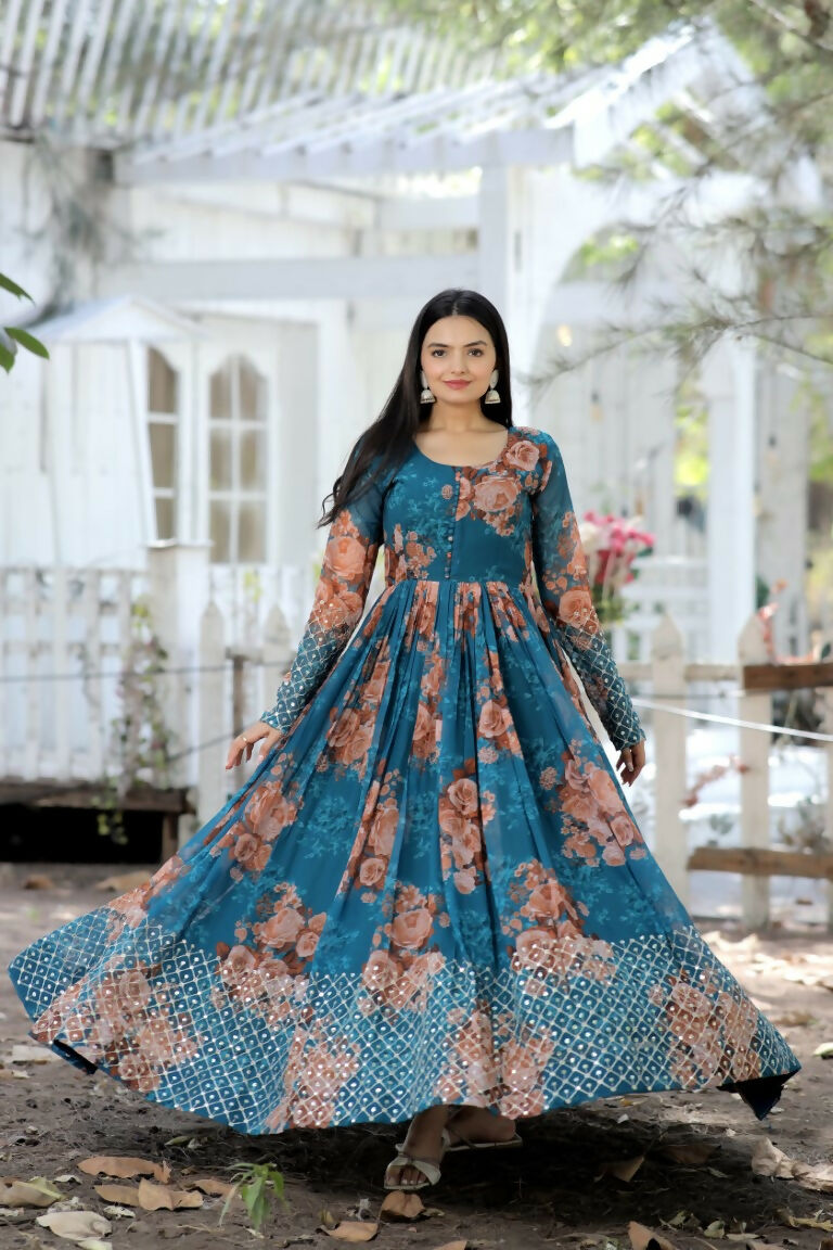 Jyoti Fashion Women's Teal Sequence Zari Embroidered Faux Georgette Anarkali Dress